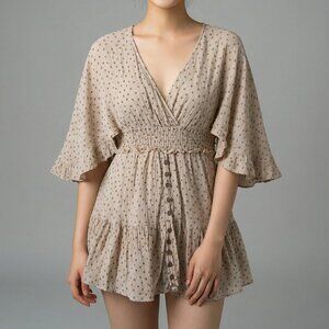 Hersy Women's Tan Floral Flutter Sleeve Smocked Linen Fairy Mini Dress Size S